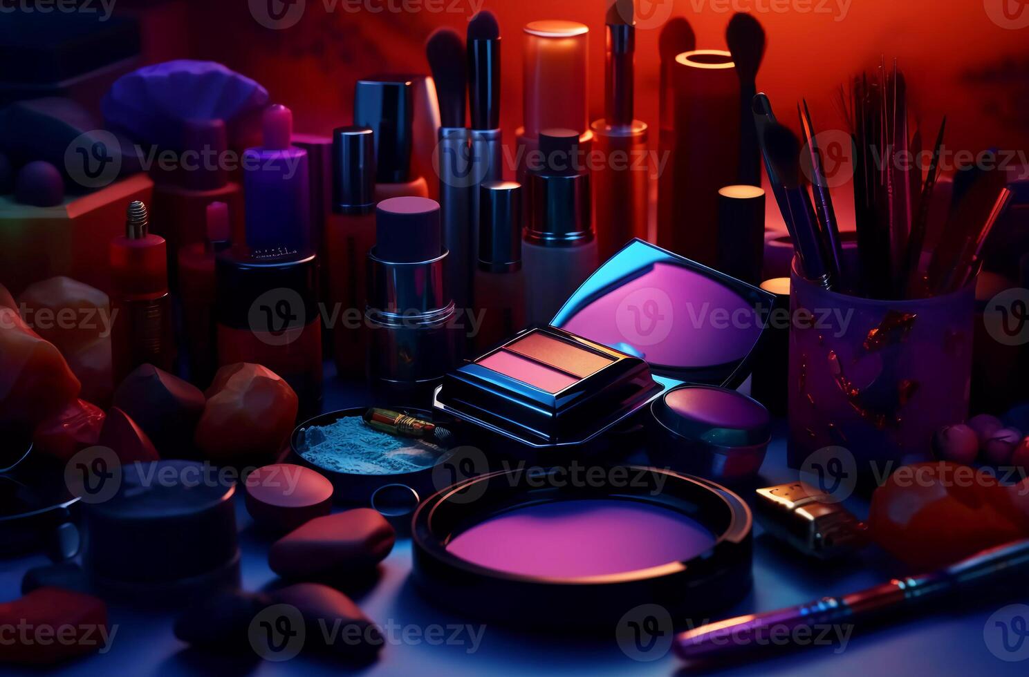 cosmetici impostato bellezza prodotti, rossetto, kahlo bellezza, mascara e trucco arte generativo ai foto