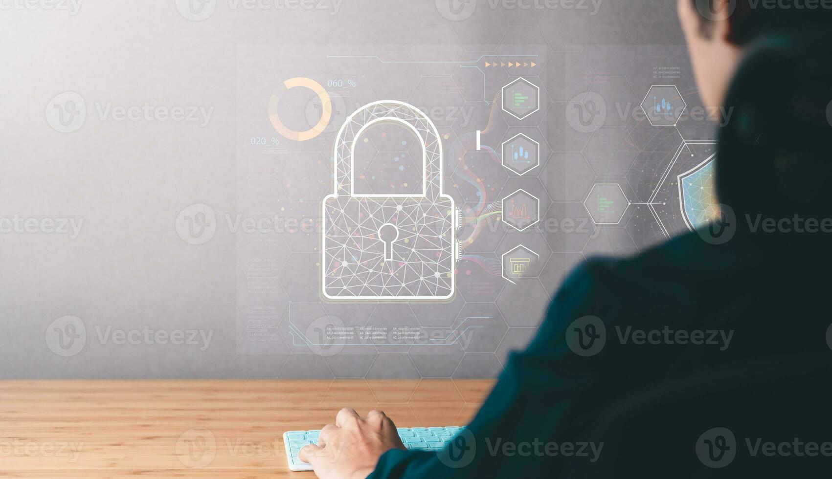 dati sicurezza sistema concetto, attività commerciale uomo uso il computer portatile con sicurezza icona schermo, innovazione tecnologia, nube informatica, Internet Rete comunicazione foto