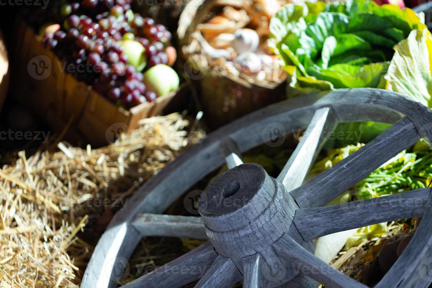 assortimento di verdure fresche su fieno con vecchia ruota di legno foto