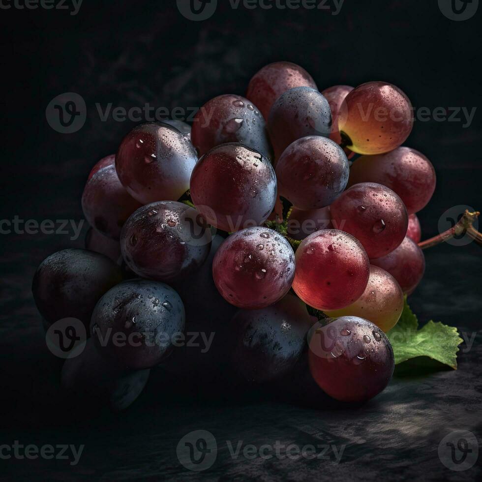 Impressionante fotografia di nero uva con acqua gocce su buio sfondo, generativo ai. foto