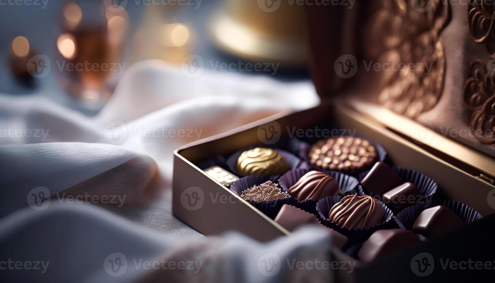 cioccolatini e cioccolato praline nel un' regalo scatola come un' lusso vacanza regalo, generativo ai foto