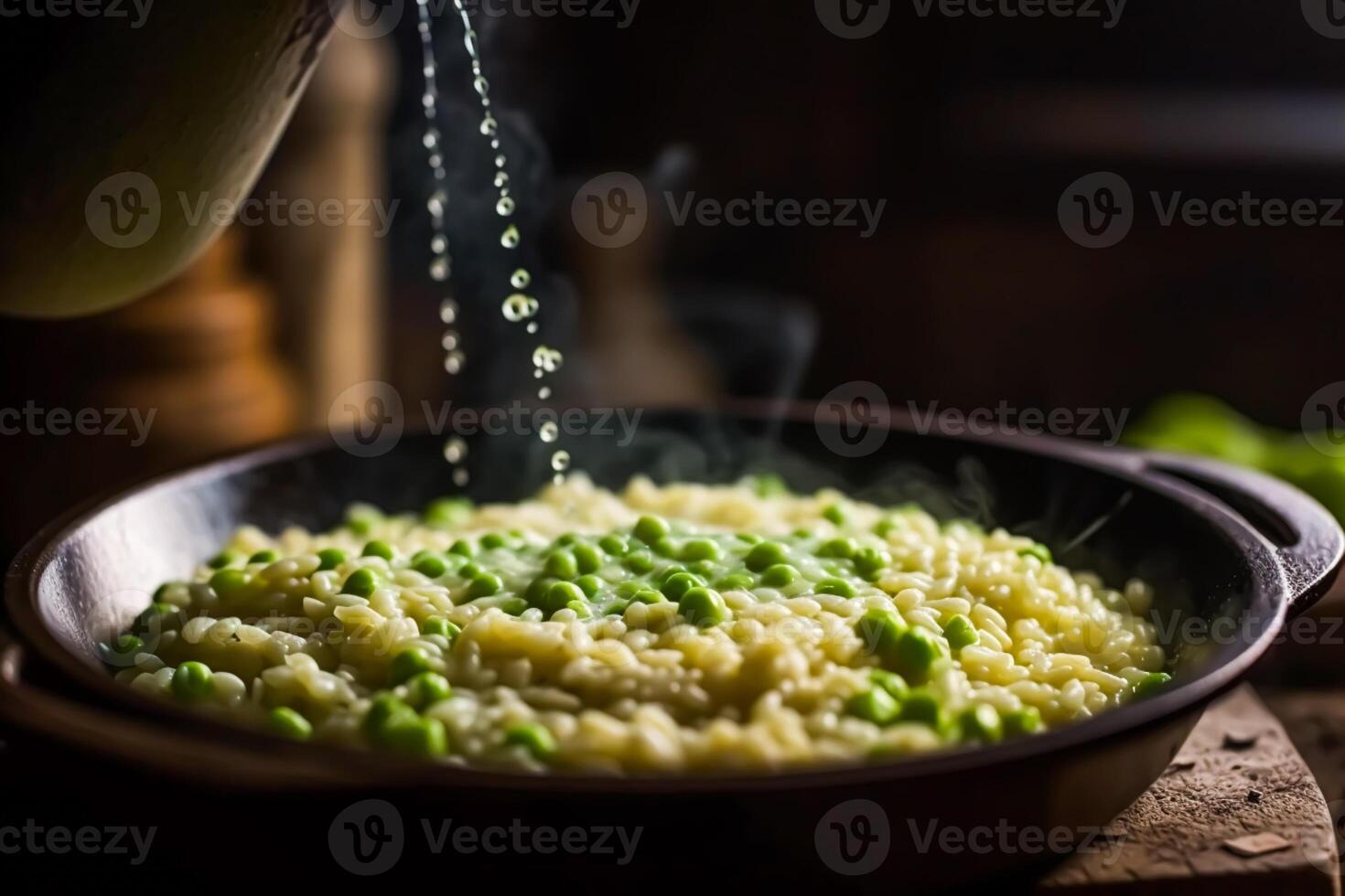 cucinando pisello risotto nel il campagna Casa cucina, fatti in casa comfort cibo per cena nel Vintage ▾ rustico nazione stile, generativo ai foto