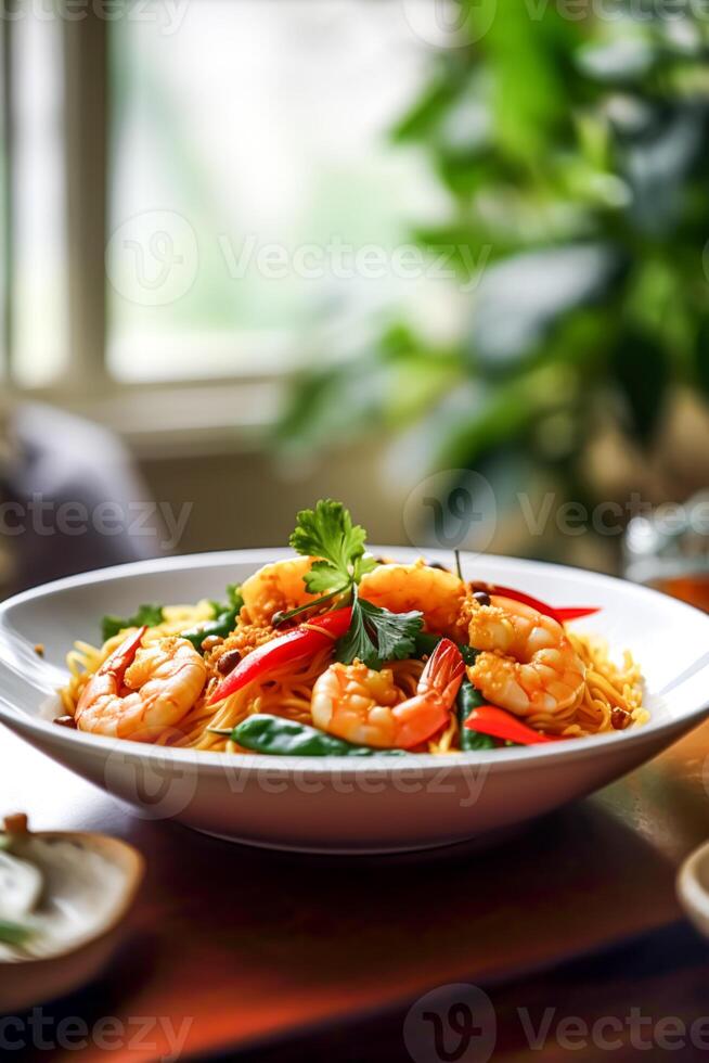 speziato pasta tagliatelle con gamberetti e verdure nel il nazione stile, fatti in casa comfort cibo e cena ricetta. generativo ai foto