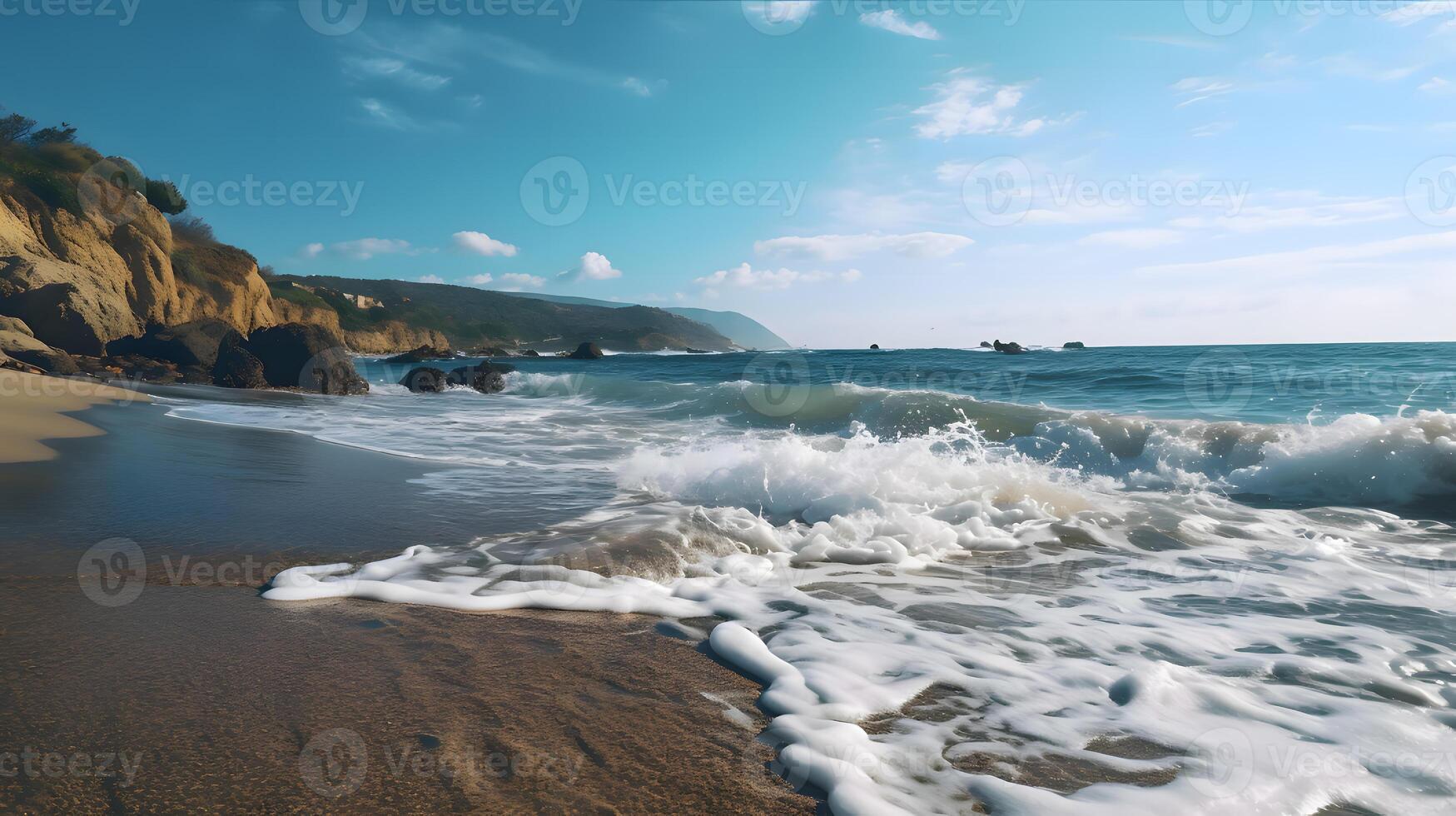 reaking oceano onda su un' sabbioso spiaggia, creato utilizzando generativo ai tecnologia foto