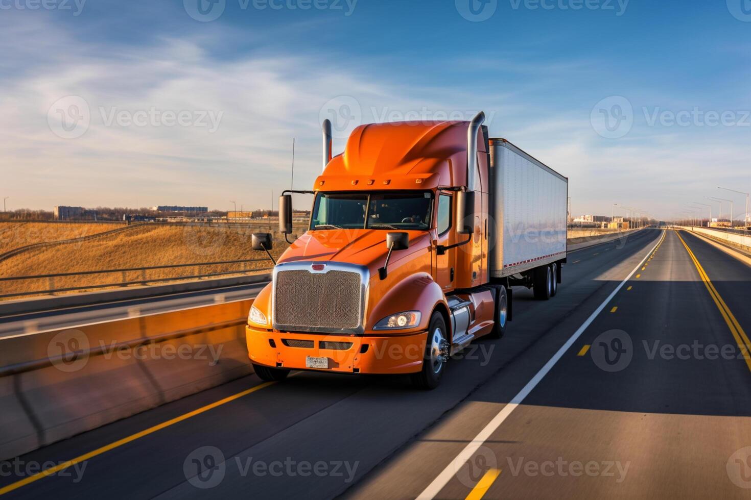 arancia camion guida su autostrada, generativo ai foto