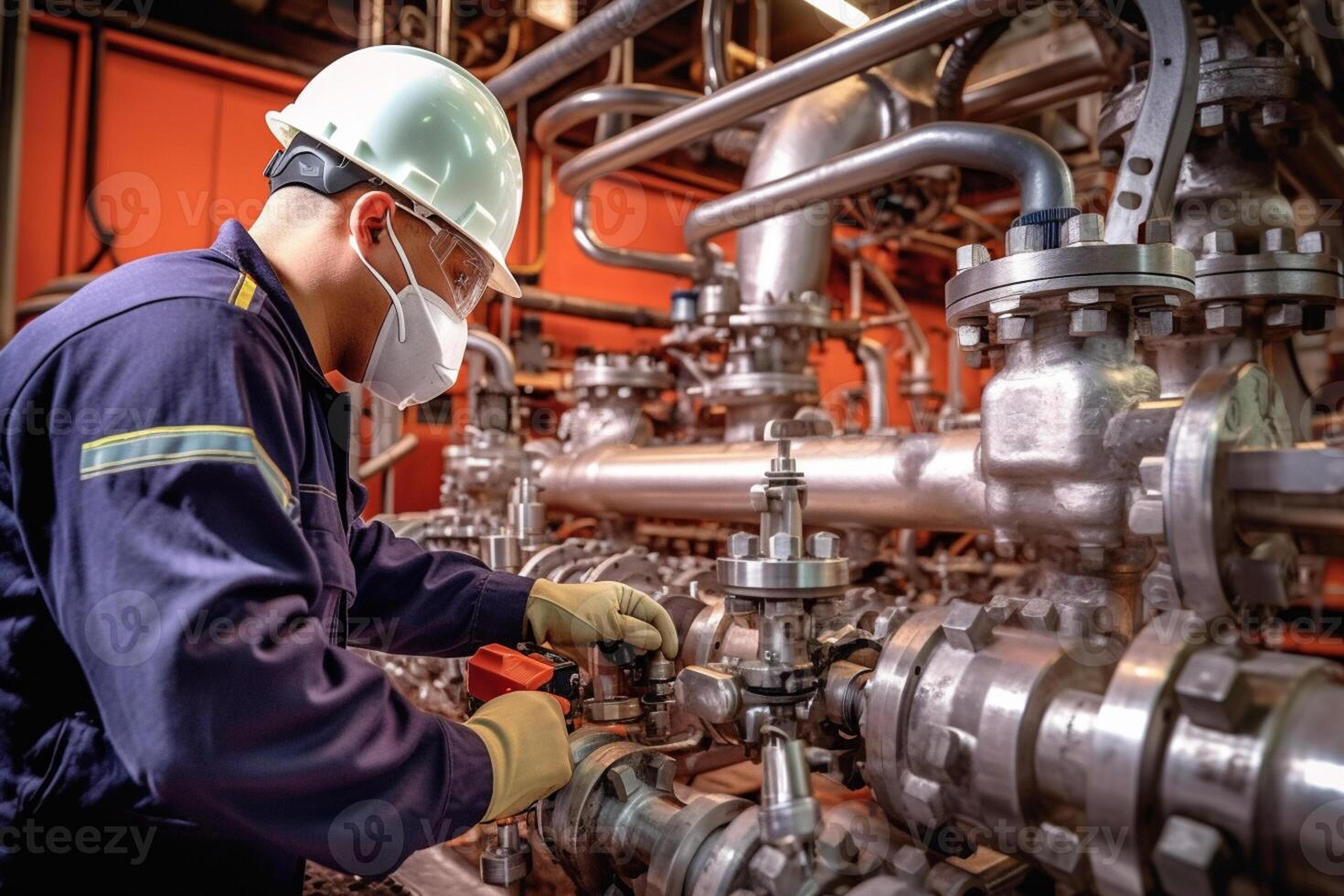 ingegneri verificare Lavorando stato nel strutture, industriale zona acciaio tubi e valvole, ingegneri mantenere chimico tubatura attrezzatura, generativo ai foto