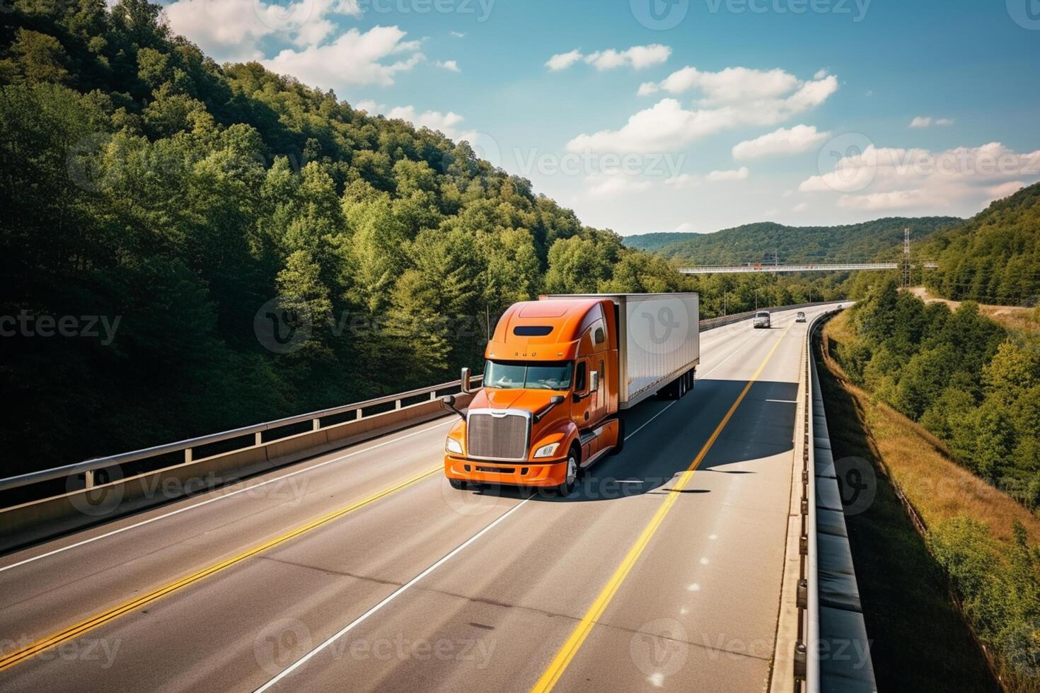 arancia camion guida su autostrada, generativo ai foto