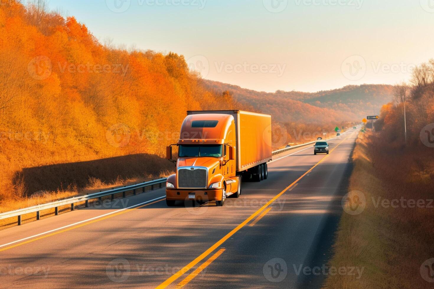 arancia camion guida su autostrada, generativo ai foto