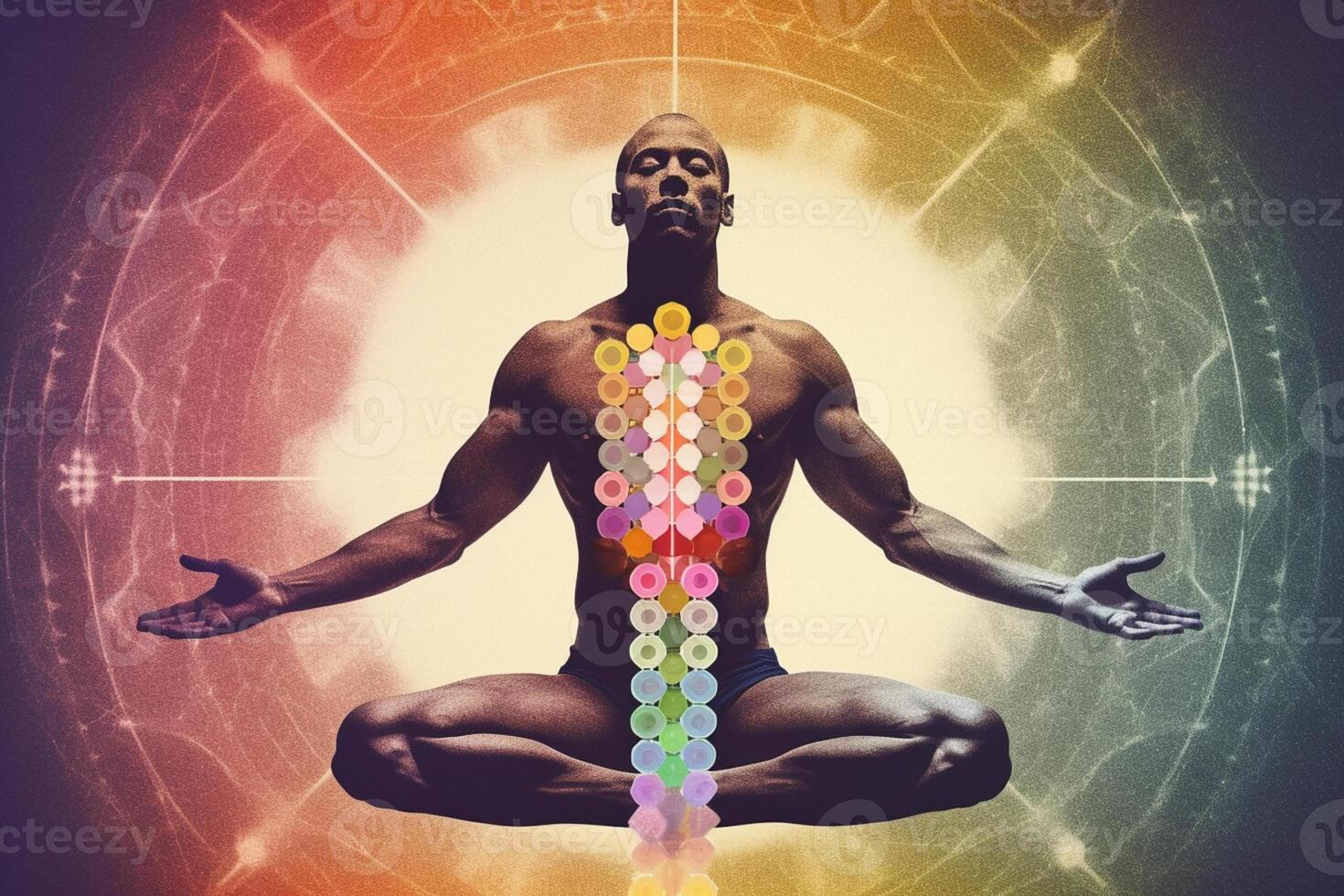 un' uomo nel colorato meditazione pose. generativo ai. foto