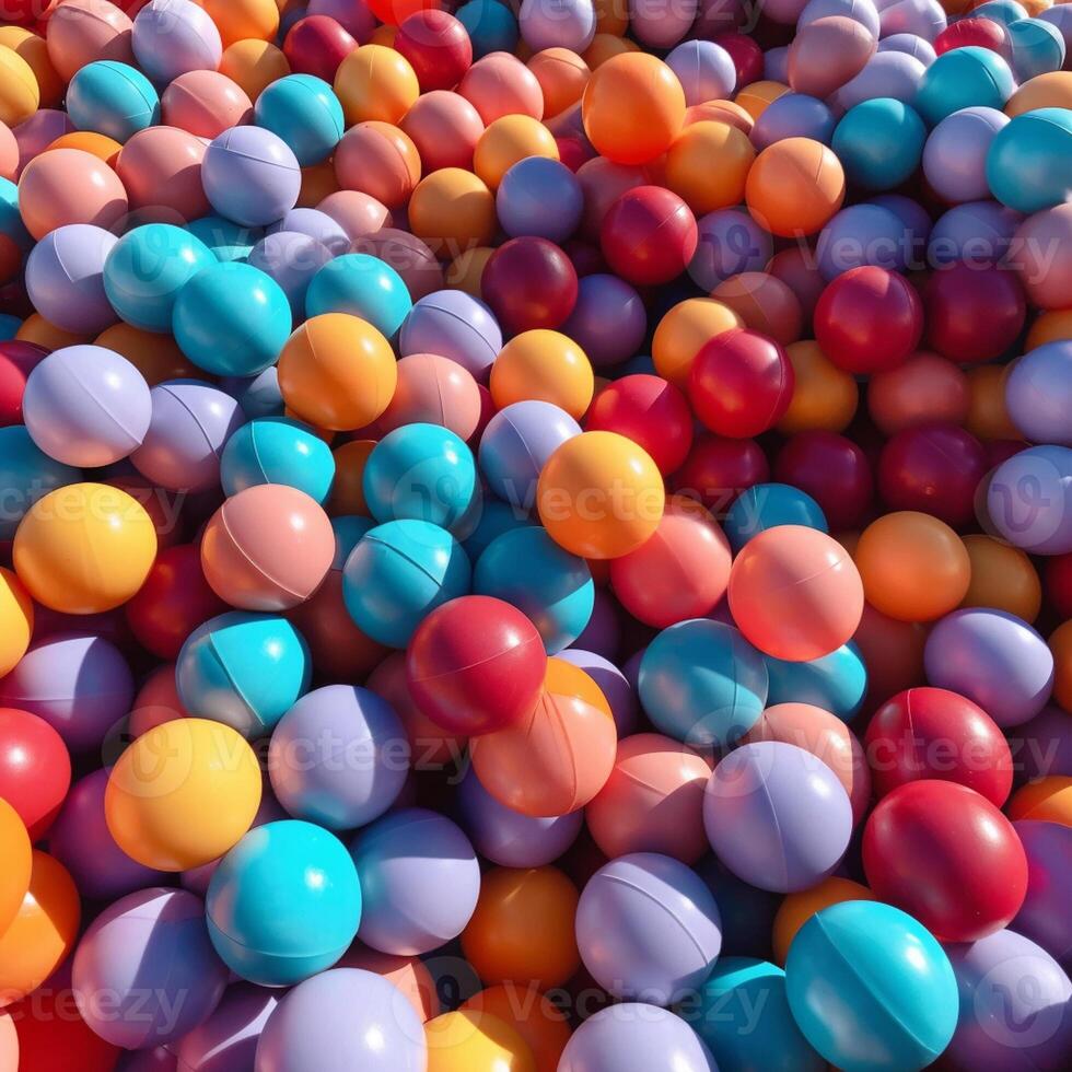 figli di plastica palle su il terreno di gioco, il giro palloncini nel arcobaleno luminosa colori. generativo ai. foto