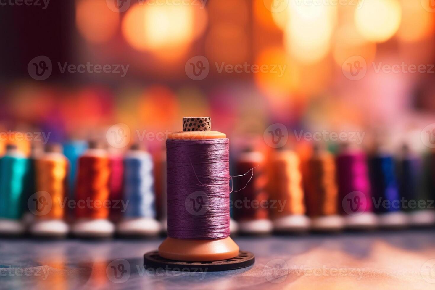 multicolore discussioni su il bobina a partire dal il cucire macchina su un' sfocato sfondo, ai generativo foto