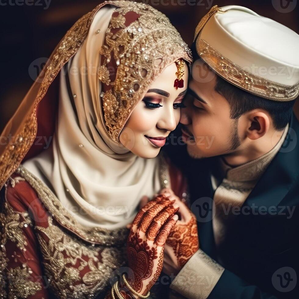 ritratto di musulmano nozze coppia indossare tradizionale abbigliamento, generativo ai. foto