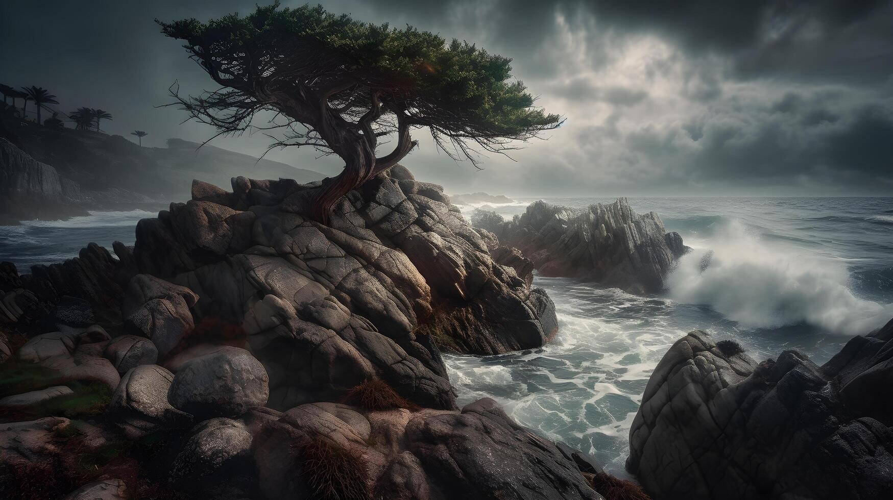 un' drammatico Visualizza di un' albero su roccioso affioramento, combattendo vento e pioggia al di sopra di il oceano, fatto con generativo ai. foto