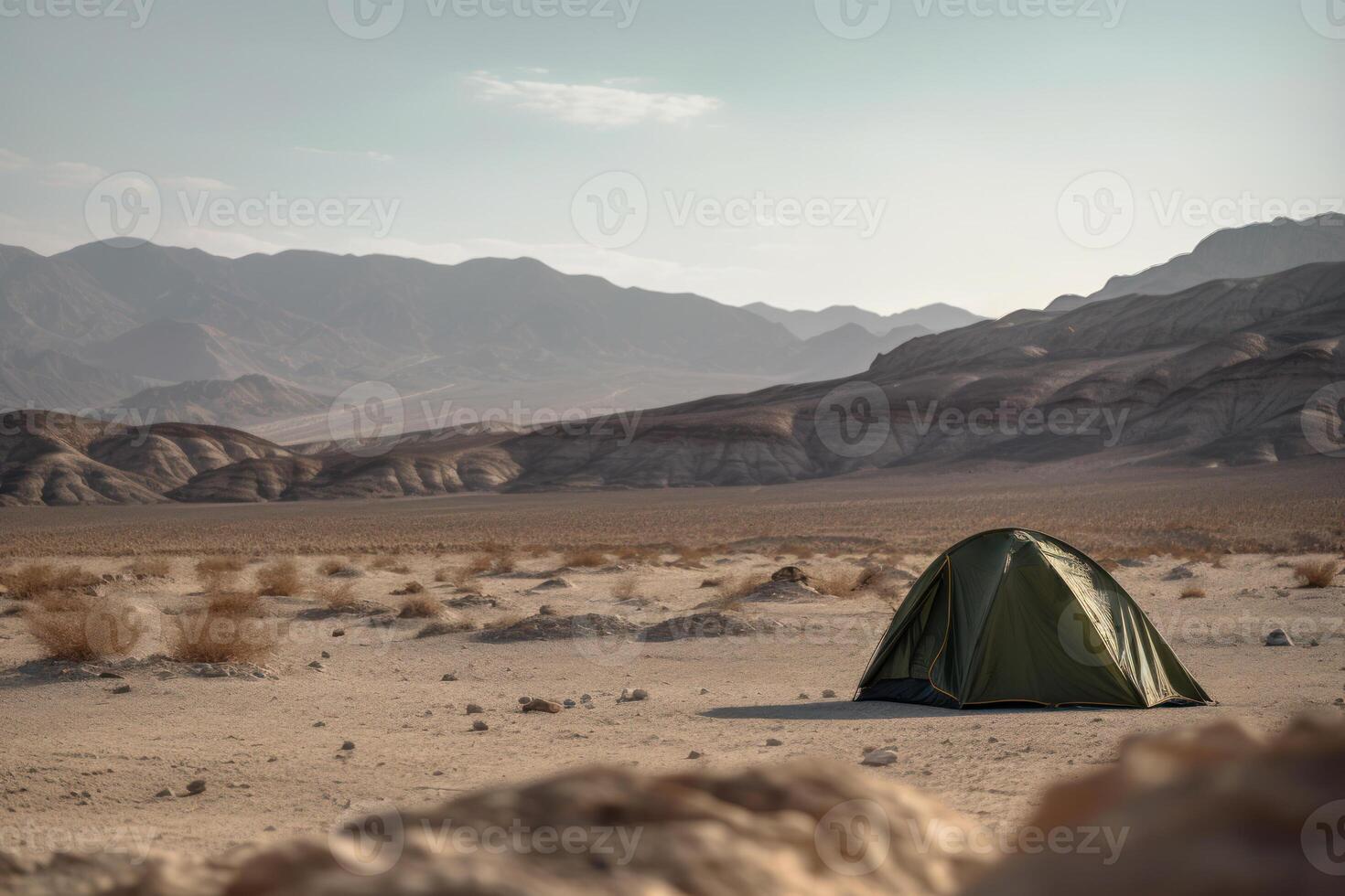 campeggio nel un' siccità nel il deserto generativo ai foto
