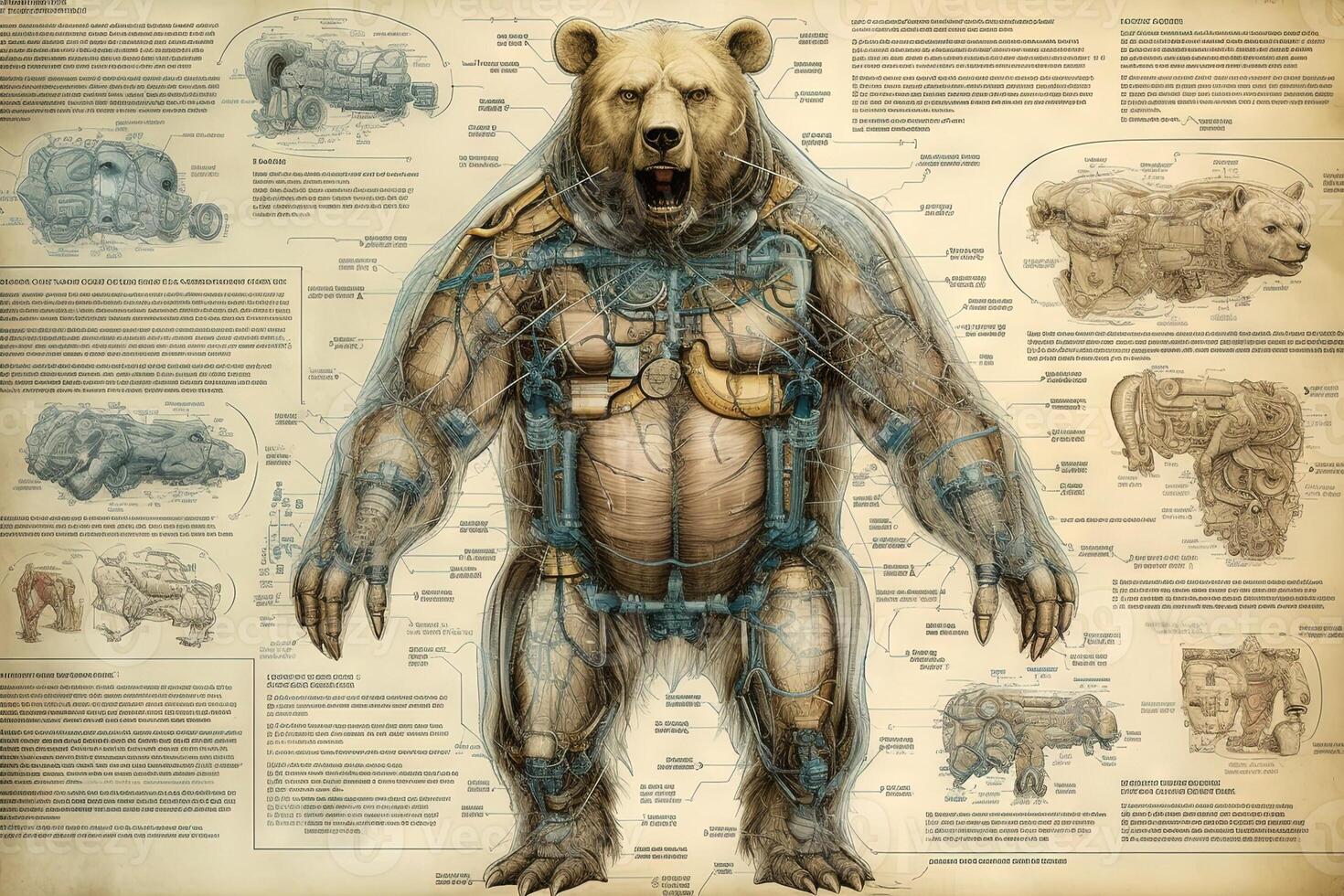 orso cyborg animale dettagliato infografica, pieno dettagli anatomia manifesto diagramma illustrazione generativo ai foto