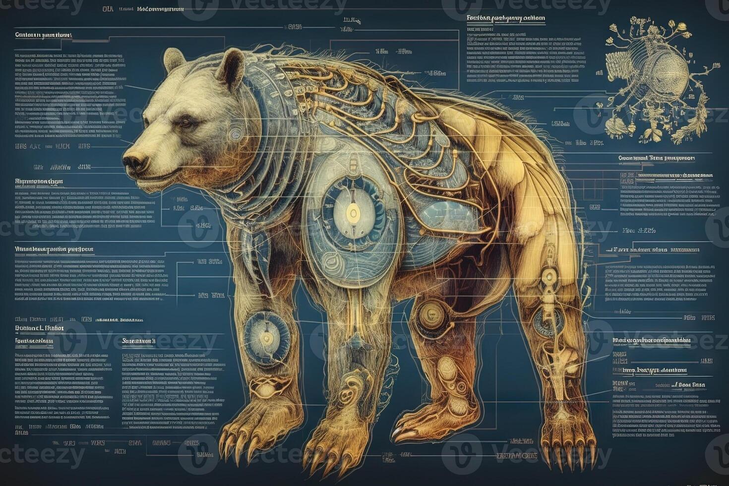 orso cyborg animale dettagliato infografica, pieno dettagli anatomia manifesto diagramma illustrazione generativo ai foto