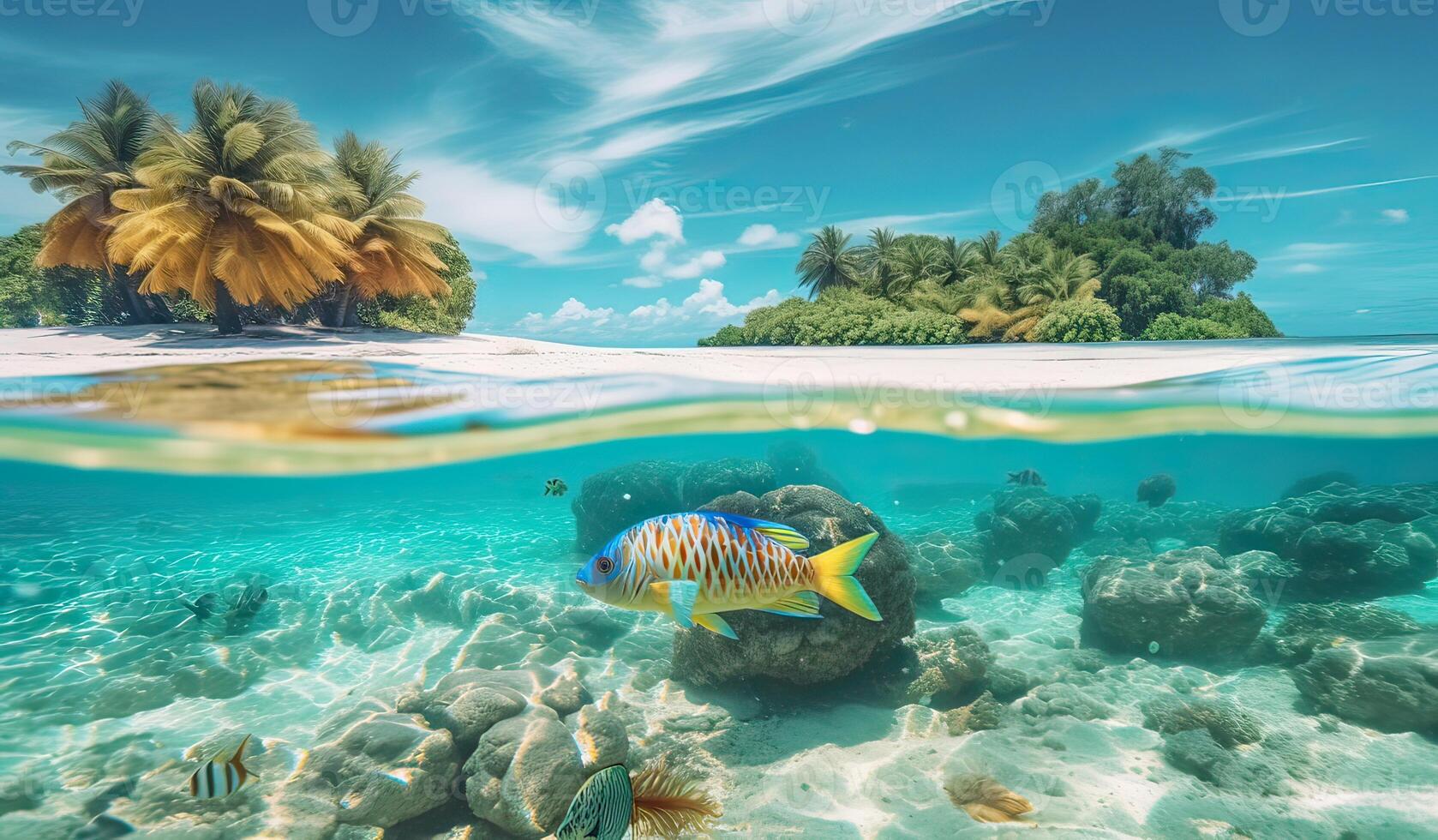 tropicale isola e corallo scogliera - Diviso Visualizza con linea di galleggiamento. bellissimo subacqueo Visualizza di solitario piccolo isola sopra e sotto il acqua superficie nel turchese acque di tropicale oceano. generativo ai. foto