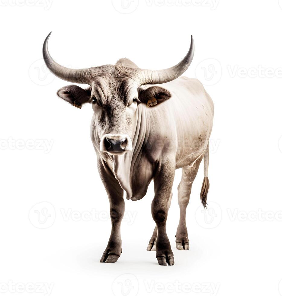 generativo ai contenuto, ritratto di un' nero Toro con corna isolato su un' bianca sfondo, avvicinamento foto