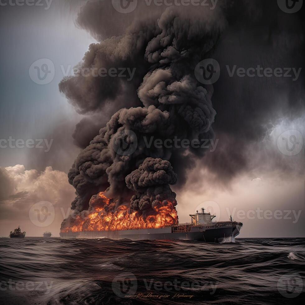 fuoco su un' carico nave. un' nave trasporto liquefatto gas è Engulfed nel fiamme. esplosione e fuoco su un' gas vettore su il alto mari. generativo ai. foto