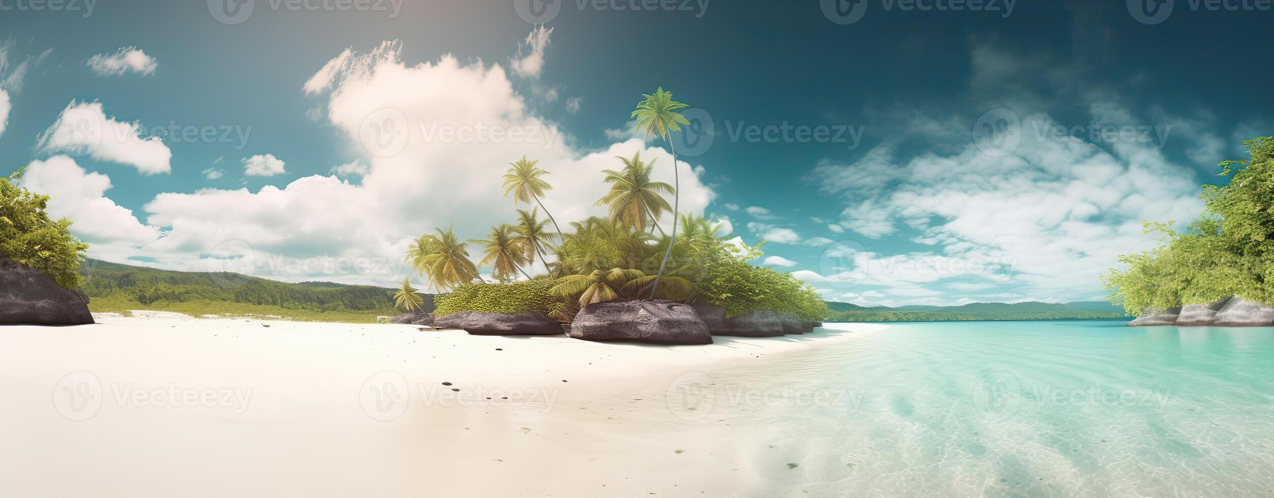 cielo e sole a mare sfondo, oceano e spiaggia vettore isola scenario vuoto cartone animato. oceano o mare acqua con onde e nuvole nel cielo estate blu paesaggio marino con nuvoloso cielo e mare. generativo ai foto