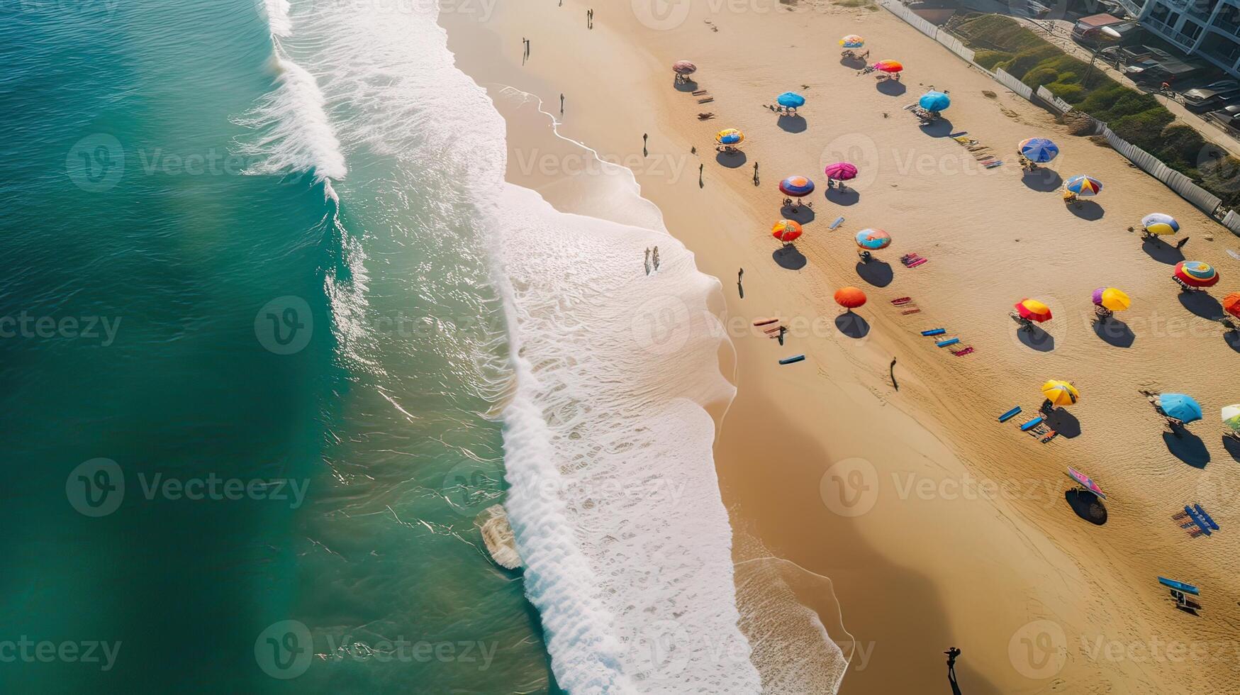 superiore Visualizza di sabbioso spiaggia con turchese mare acqua e colorato blu gli ombrelli, aereo fuco sparo. generativo ai. foto