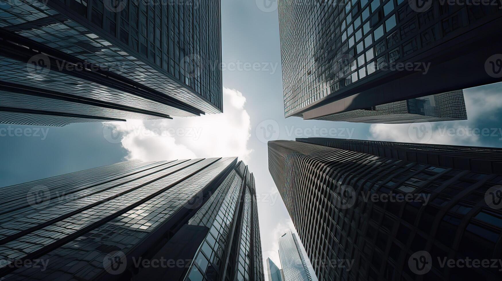 parte inferiore Visualizza di moderno grattacieli nel attività commerciale quartiere. generativo ai. foto