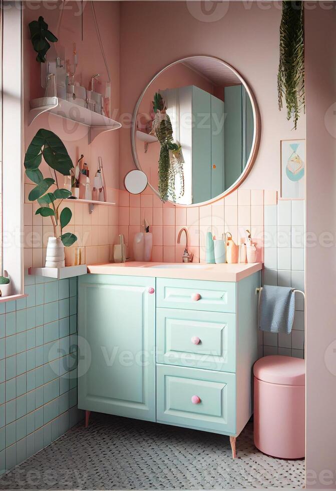 bagno camera interno design Vintage ▾ stile, pastello colori. rosa muri, blu piastrelle, pastello colorato e Vintage ▾ arredamento. generativo ai 3d illustrazione foto