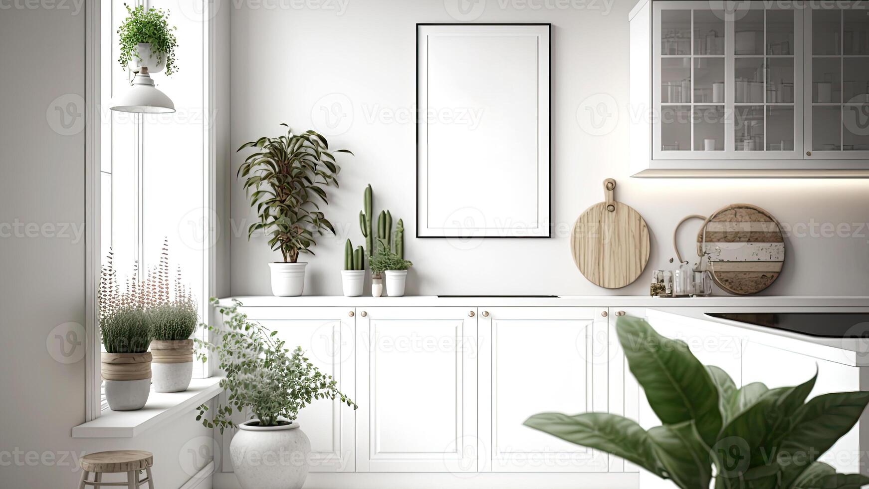 moderno contemporaneo bianca parete cucina, minimalista design con vuoto foto telaio e pianta pentole. generativo ai digitale illustrazione.