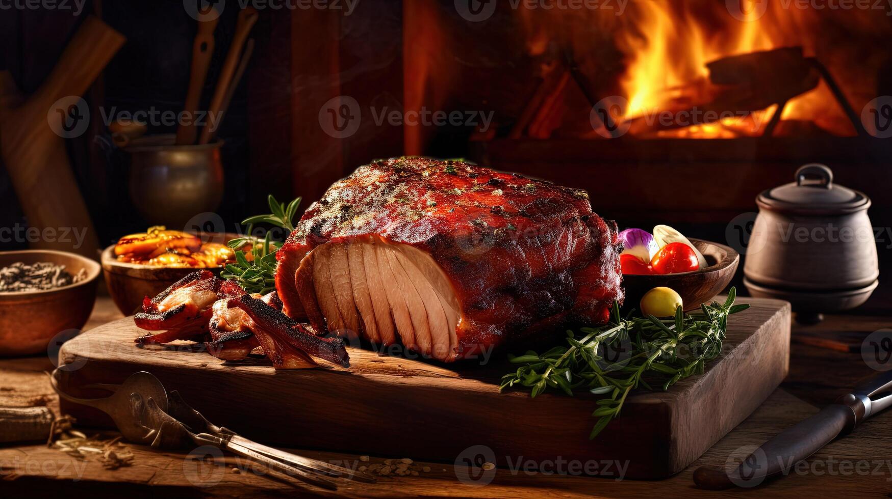 avvicinamento Immagine di succoso Maiale arrostito con verdura su di legno piatto nel bbq il camino. generativo ai. foto