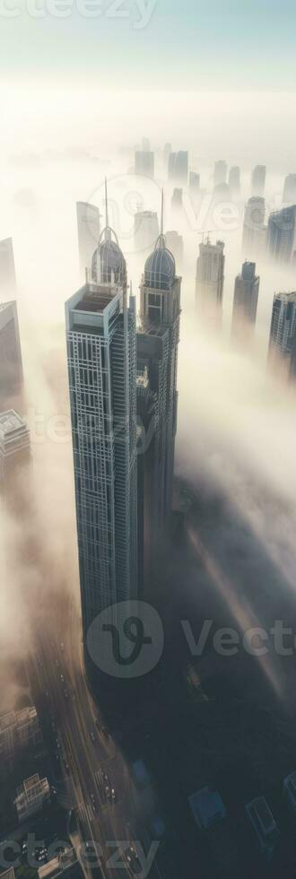 sbalorditivo foto di dubai incredibilmente alto grattacieli emergente a partire dal di spessore strato di nebbia. generativo ai tecnologia.