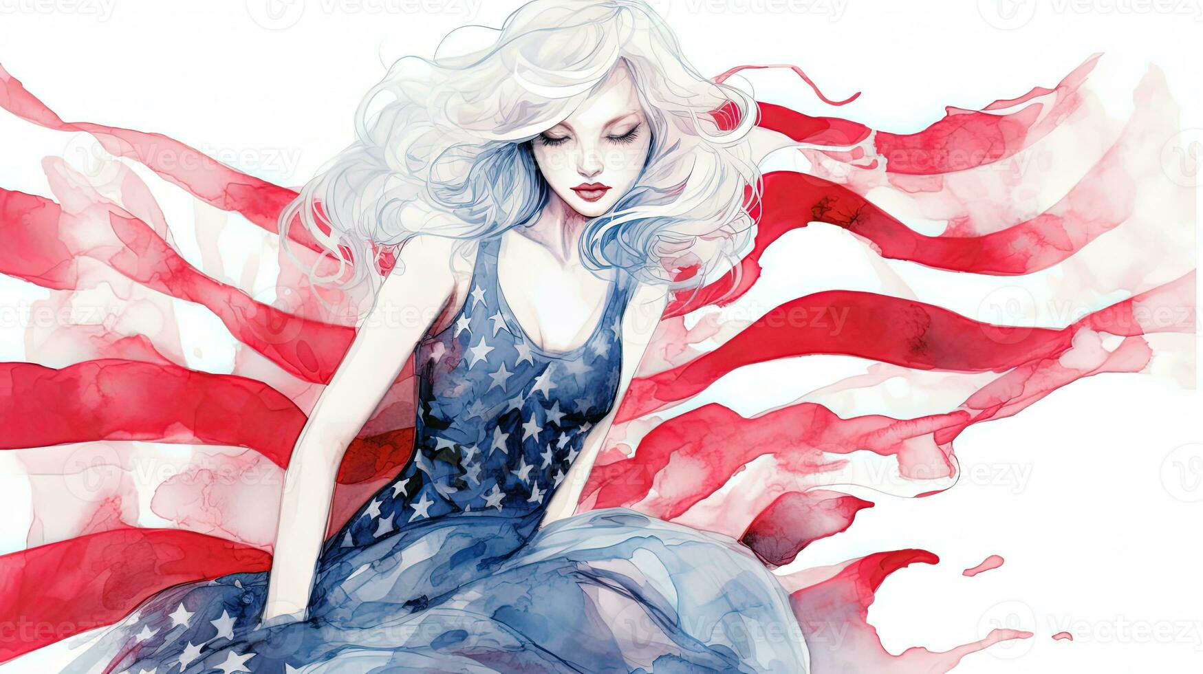 acquerello pittura di bellissimo giovane ragazza nel americano bandiera sfondo, 4 ° di luglio indipendenza giorno celebrazione concetto. generativo ai tecnologia. foto