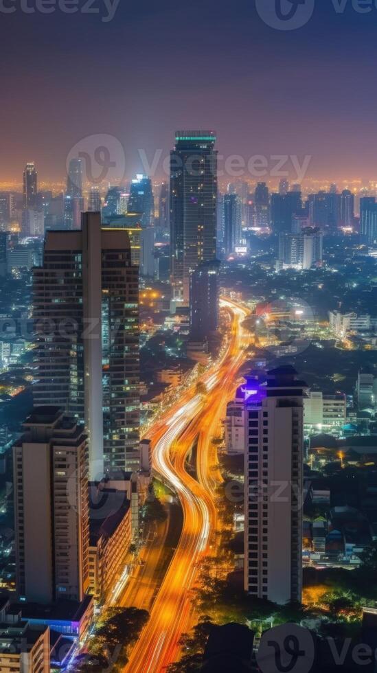 paesaggio urbano notte Visualizza di Residenziale case e alto grattacieli nel finanziario quartiere a bangkok Tailandia. generativo ai tecnologia. foto