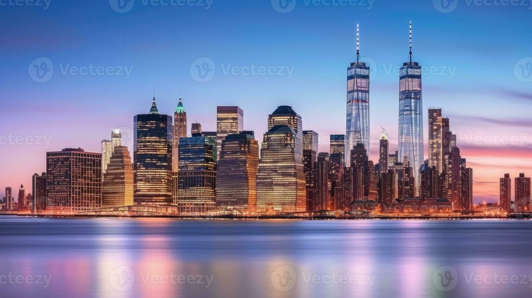 panoramico Visualizza di inferiore Manhattan orizzonte illuminato a notte nel nuovo York città. generativo ai tecnologia. foto