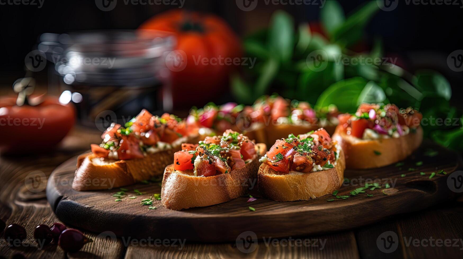 italiano cibo avvicinamento di appena al forno Bruschetta su rustico tavolo. generativo ai. foto