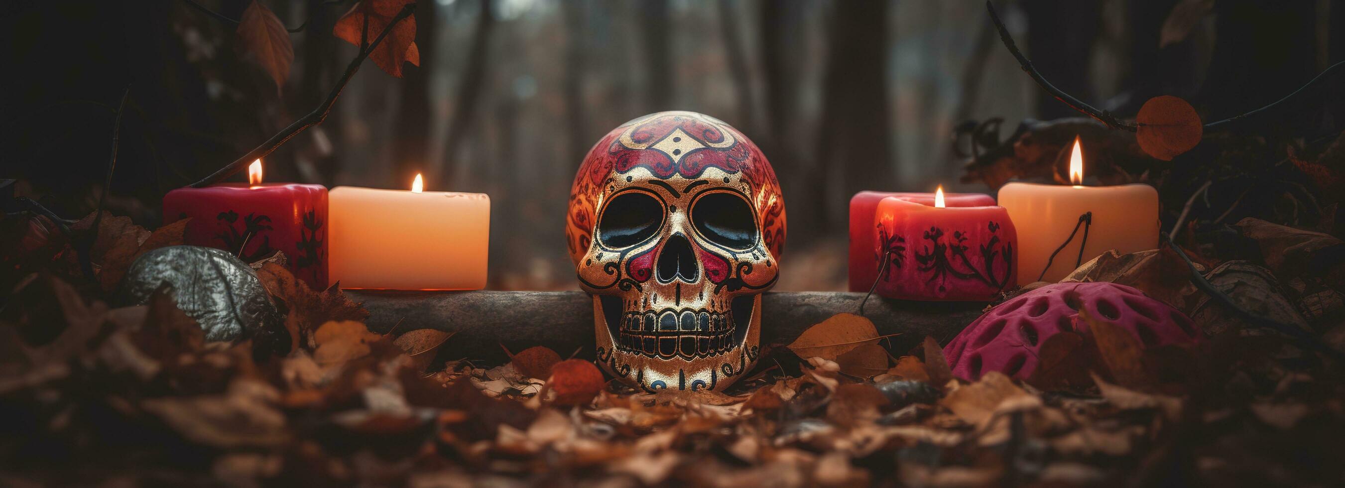 giorno di il morto teschi. dia de los muertos. giorno di il morto e messicano Halloween sfondo. messicano tradizione Festival. giorno di il morto zucchero cranio. dia de los muertos, creare ai foto