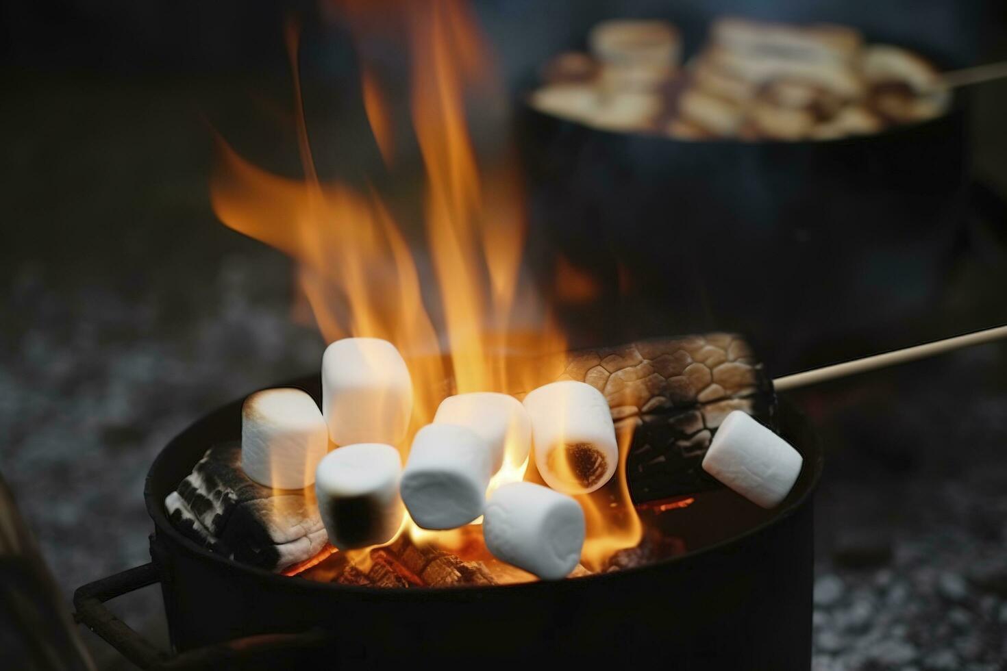 ardente fuoco nel un' compatto griglia, legna logs Engulfed nel rosso fiamme, avvicinamento di friggere marshmallows su fuoco, Fumo si alza, concetto di divertimento festa, cucinando delicatezza all'aperto, creare ai foto