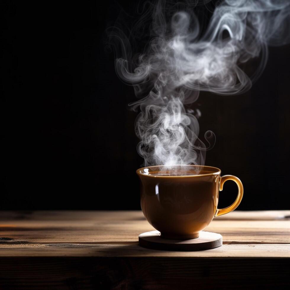 streaming caldo tè su di legno tavolo ai generato foto