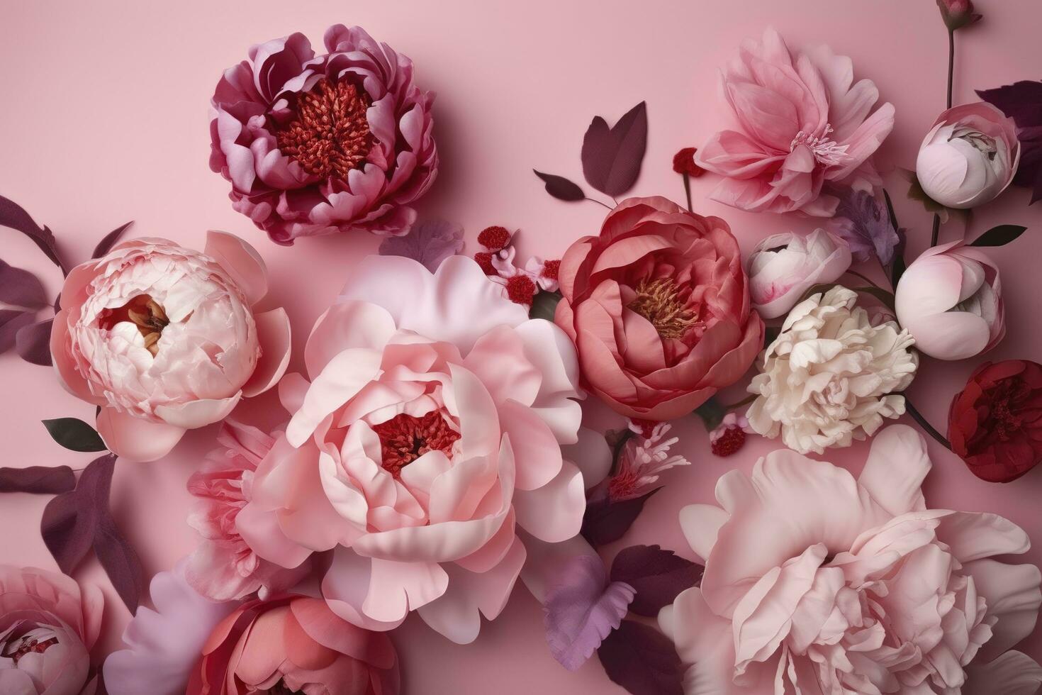 peonie, Rose su rosa sfondo con copia spazio. astratto naturale floreale telaio disposizione con testo spazio. romantico femminile composizione. nozze invito , creare ai foto