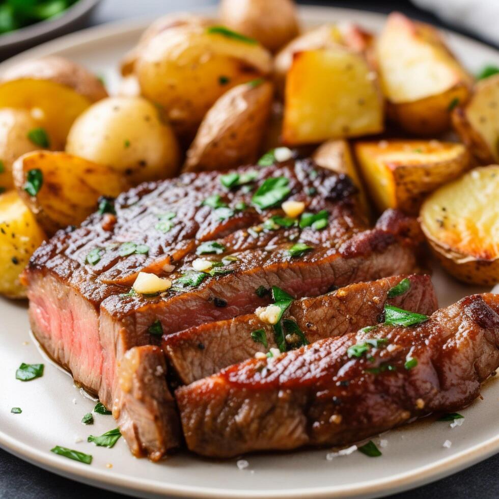 vicino su di bistecca e patate su un' piatto ai generato foto