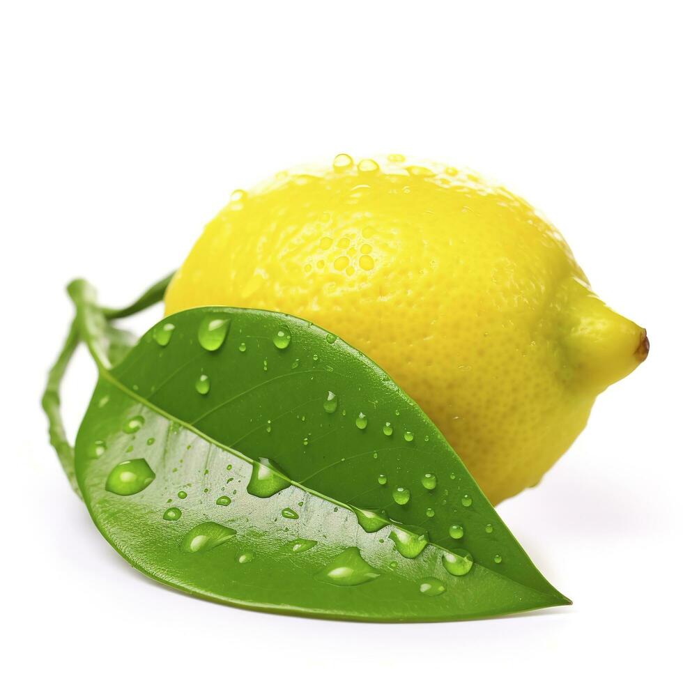 agrume Limone foglia con acqua gocce isolato su bianca sfondo, creare ai foto