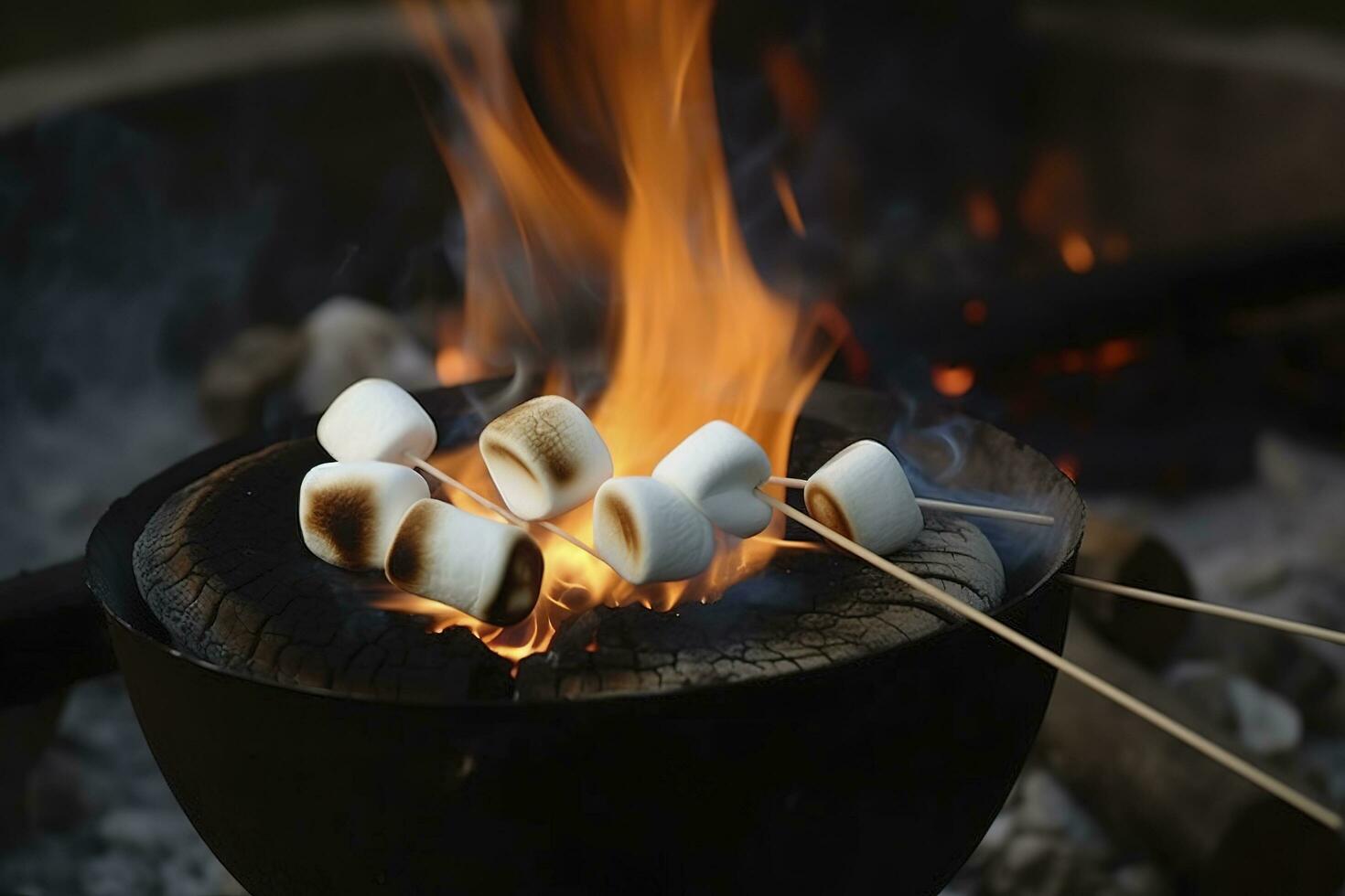 ardente fuoco nel un' compatto griglia, legna logs Engulfed nel rosso fiamme, avvicinamento di friggere marshmallows su fuoco, Fumo si alza, concetto di divertimento festa, cucinando delicatezza all'aperto, creare ai foto