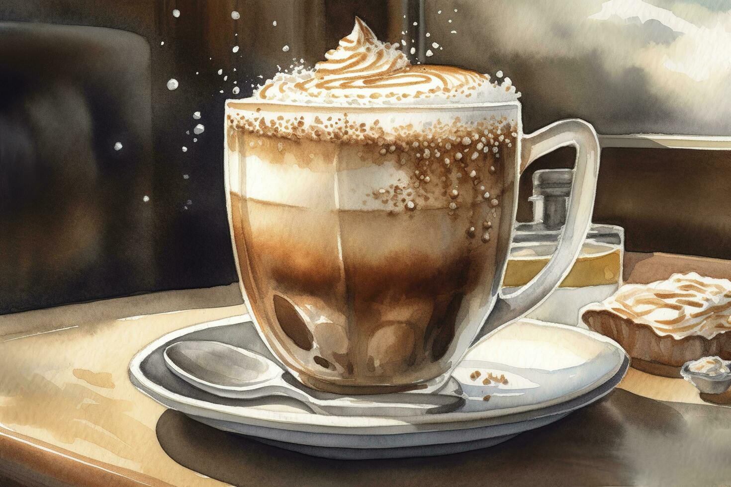 mano disegnato acquerello caffè con cioccolato torta, cappuccino tazza con piattino, isolato su bianca sfondo. delizioso cibo illustrazione, creare ai foto