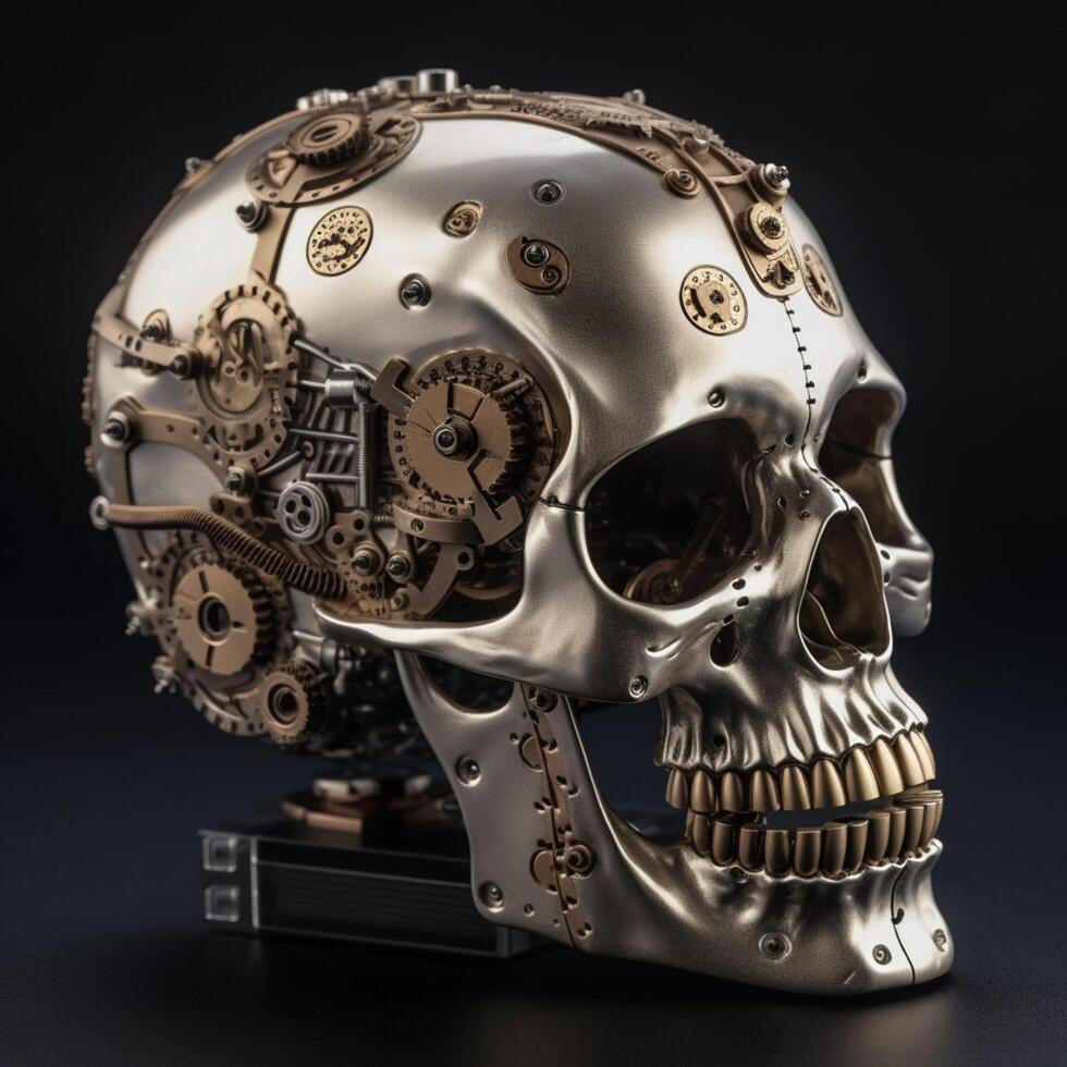 umano cranio con meccanico meccanismo ai generato foto