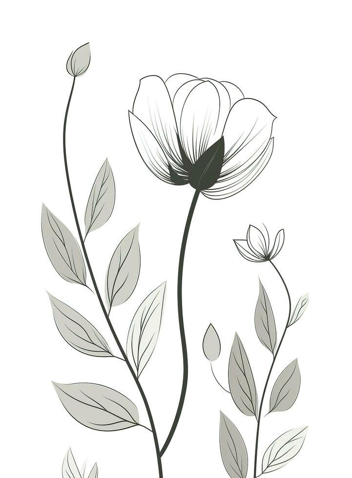 papavero fiori nel continuo linea arte disegno stile. scarabocchio floreale confine con Due fiori fioritura tra erba. minimalista nero lineare design isolato su bianca sfondo, creare ai foto