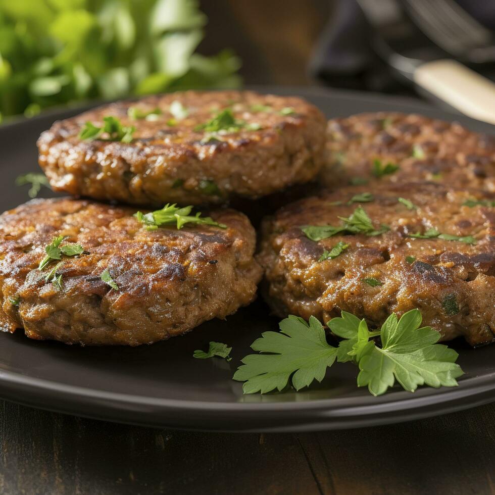 gustoso grigliato Hamburger tortini con condimenti su di legno tavolo, avvicinamento, creare ai foto