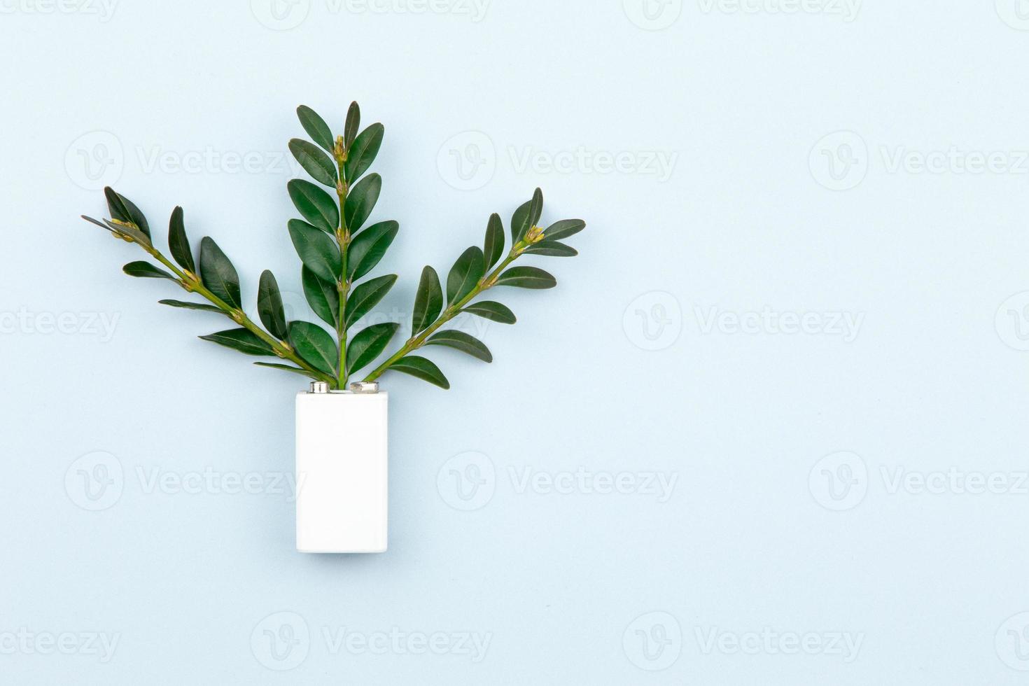 illustrazione di energia eco o energia verde con una batteria bianca e foglie di rametti su sfondo chiaro foto