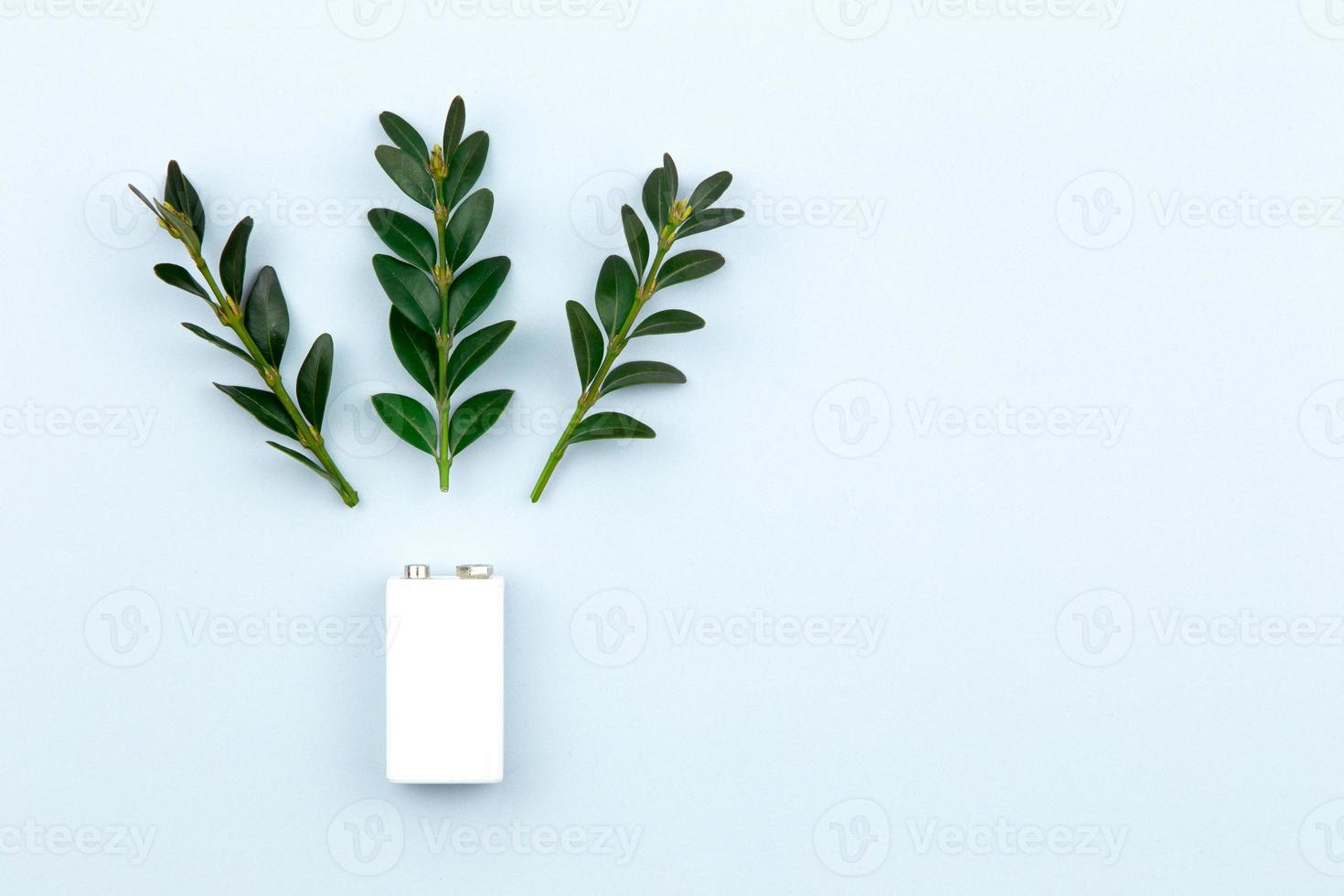illustrazione di energia eco o energia verde con una batteria bianca e foglie di rametti su sfondo chiaro foto