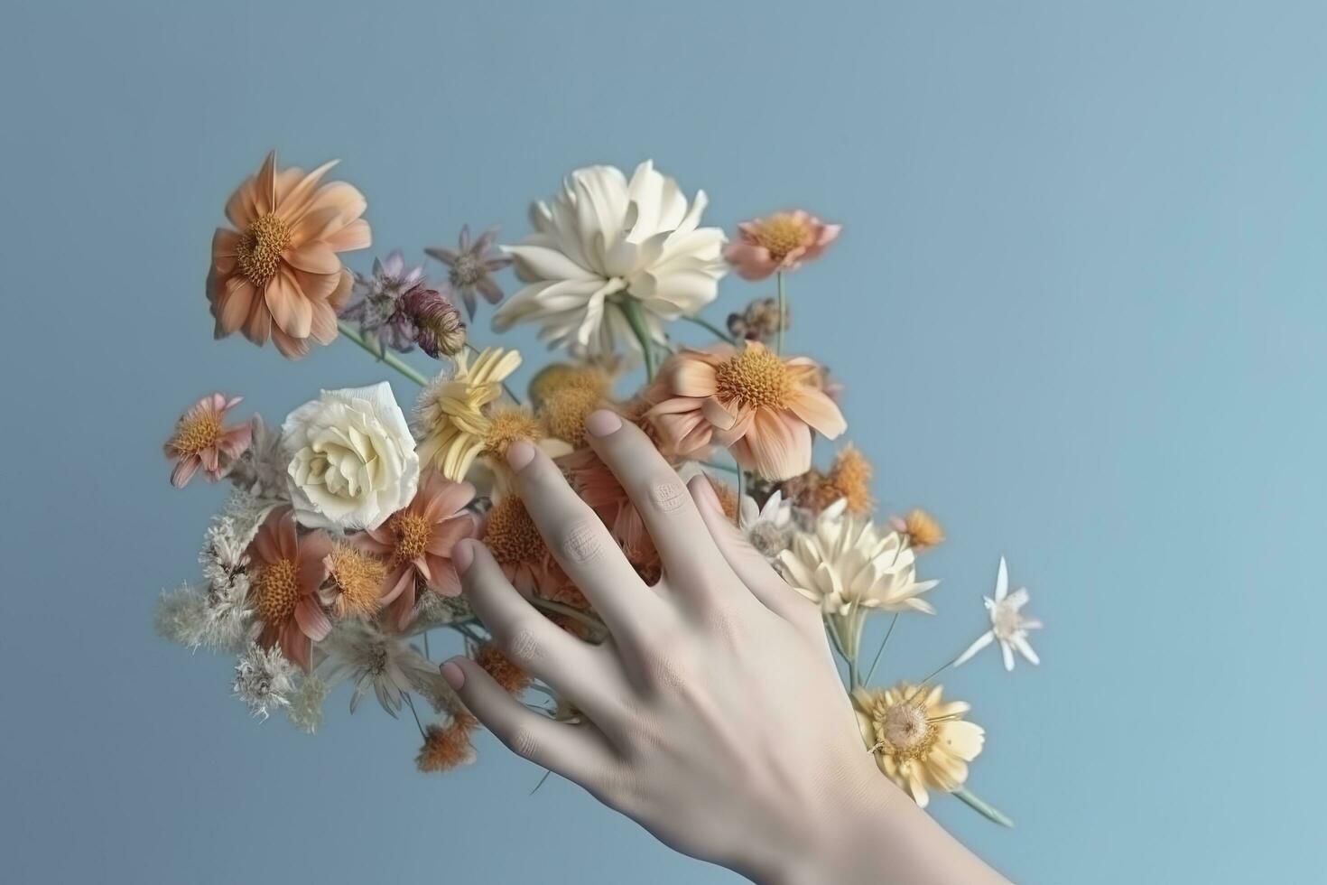 umano mano con fiori, pastello colori, su blu sfondo, 3d rendere e illustrazione, creare ai foto