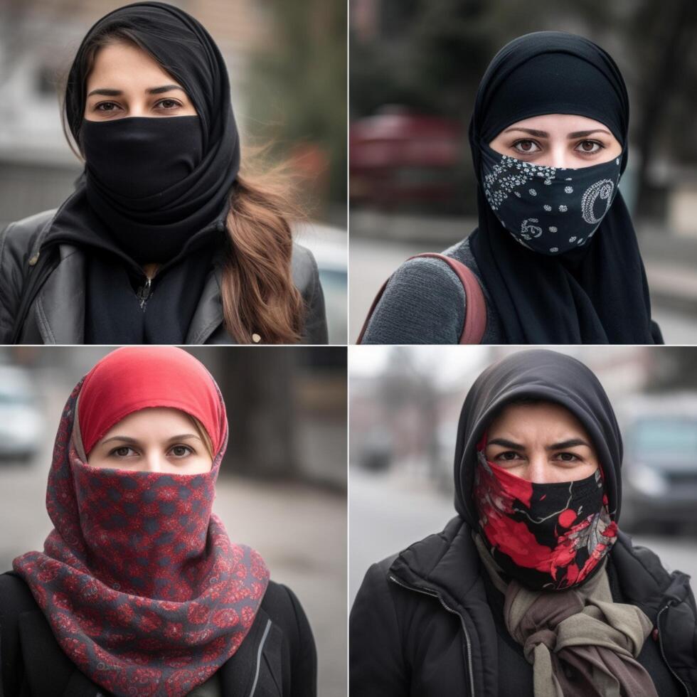 facce di femmina avversari nel maschera opposizione ai generato foto