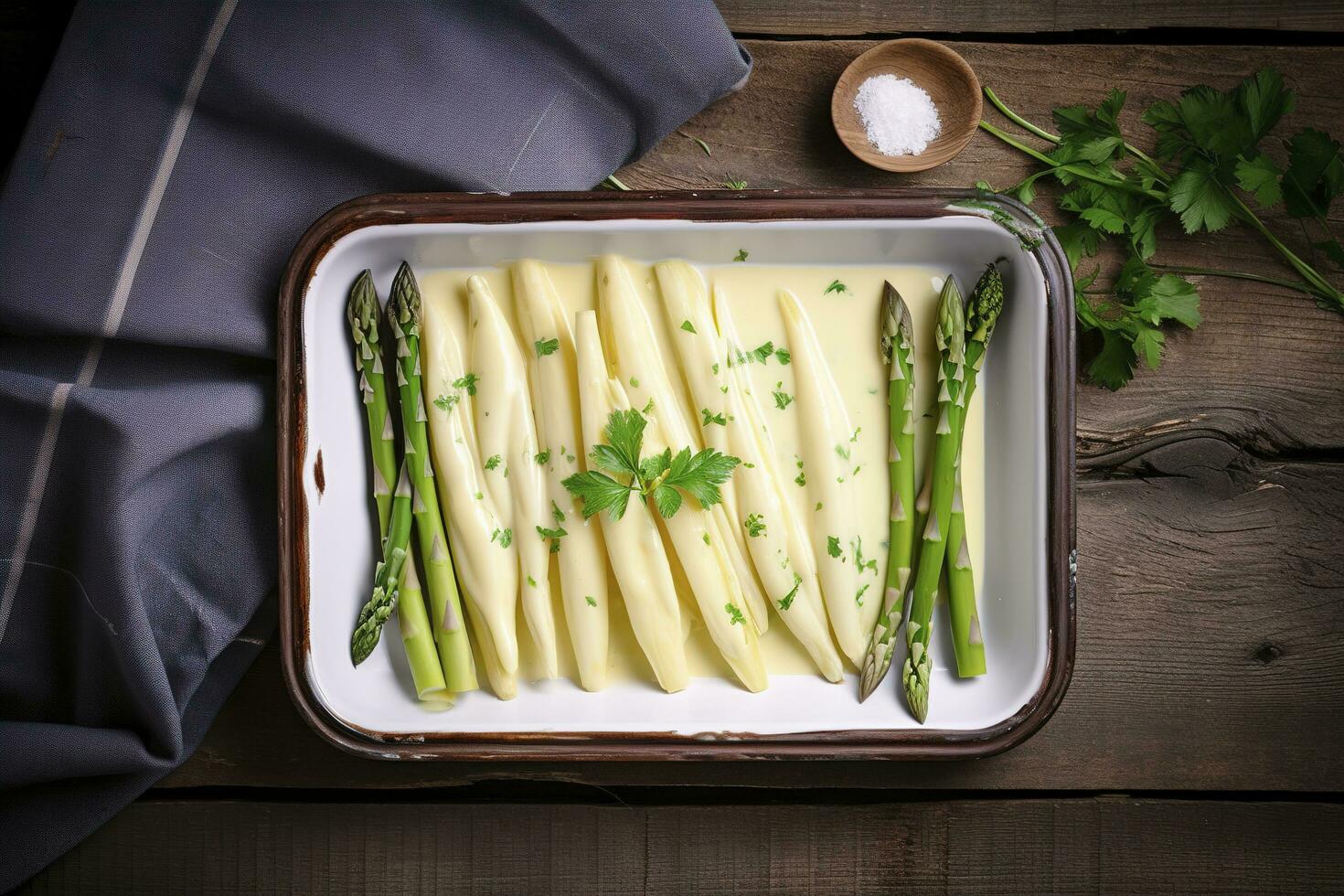 tradizionale al vapore bianca asparago con Olandese salsa e erbe aromatiche come un' superiore Visualizza nel un smalto vassoio su un vecchio legna tavolo con copia spazio su il Giusto, creare ai foto